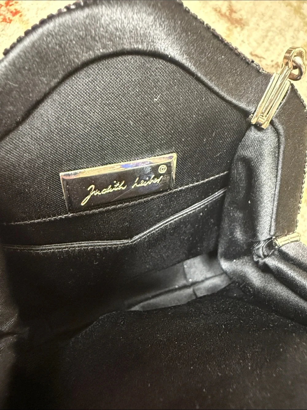 Judith Leiber Elegant Black Satin Kiss-Lock Evening Clutch